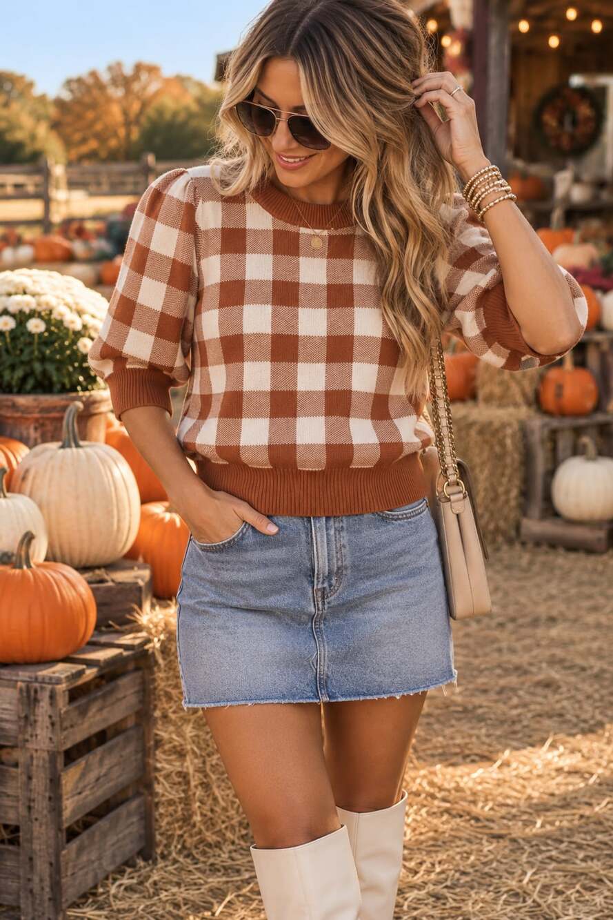 Ann Taylor Size Small Gingham Sweater Short Sleeve Brownish /Orange and Cream